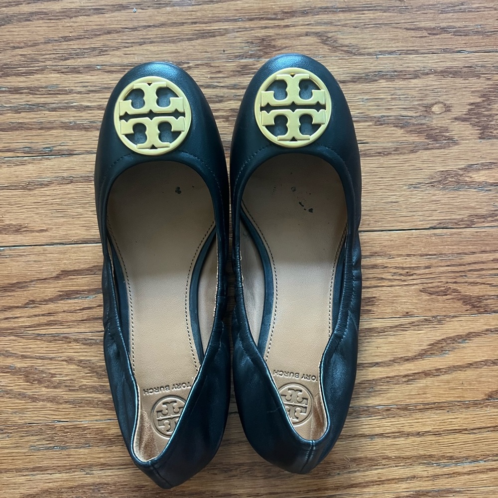 Tory Burch Black and Gold Flats with Signature Logo